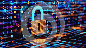 Neon-lit padlock with data lines and binary code in digital space