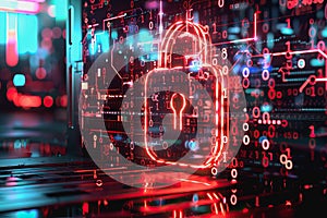 Neon-lit padlock with data lines and binary code in digital space