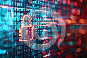 Neon-lit padlock with data lines and binary code in digital space