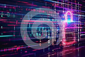 Neon-lit padlock with data lines and binary code in digital space