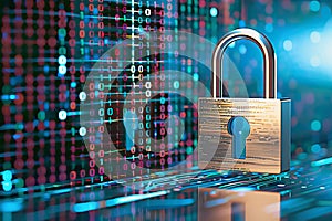 Neon-lit padlock with data lines and binary code in digital space