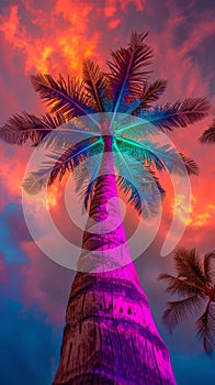 Neon-lit palm tree against a vibrant sunset sky