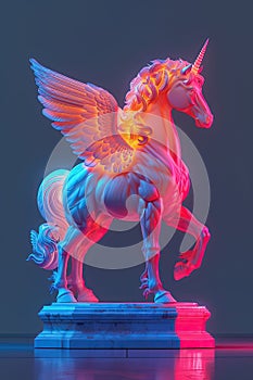 Neon-lit sculpture of a mythical unicorn with wings, on a pedestal.