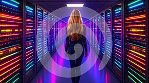 Neon Lit Server Room 3D Illustration