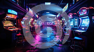 Neon-lit Slot Machines in Modern Casino Gaming Area GenerativeAI