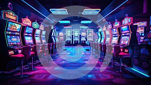 Neon-lit Slot Machines in Modern Casino Gaming Area GenerativeAI