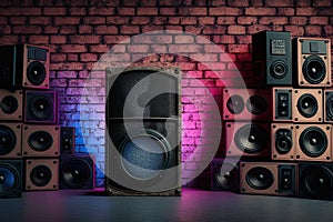 Neon-Lit Speakers Against an Old Brick Wall