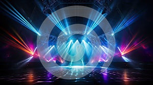 Neon-lit stage. Neon stage background, pedestal with neon light and haze. Rays from spotlights illuminate podium stage