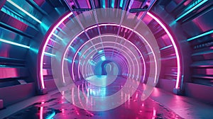 Neon-lit tunnel with laser beams creates futuristic backdrop. Abstract tech vibe. Ai Generated