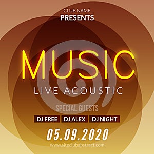 Neon Live Music Concert Acoustic Party Poster Background Template with neon text sign flyer