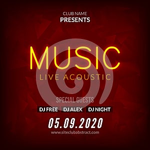 Neon Live Music Concert Acoustic Party Poster Background Template with neon text sign flyer