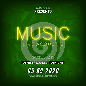 Neon Live Music Concert Acoustic Party Poster Background Template with neon text sign flyer