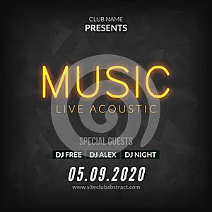 Neon Live Music Concert Acoustic Party Poster Background Template with neon text sign flyer