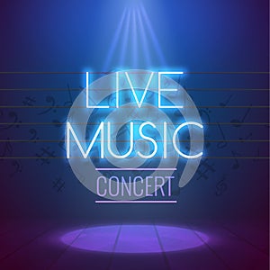 Neon Live Music Concert Acoustic Party Poster Background Template with spotlight and stage