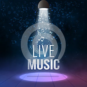 Neon Live Music Concert Acoustic Party Poster Background Template with spotlight and stage