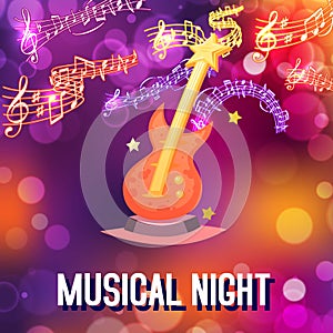 Neon live music night concert or acoustic disco party poster background template with electronical guitar and sparkling