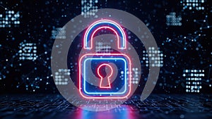 Neon lock symbolizing digital security and encryption