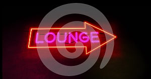 Neon lounge sign glowing text shows airport bar for relaxation and alcohol - 4k