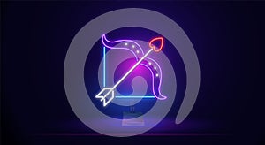 Neon love bow and arrow icon. Cupid's object. Happy Valentine's Day. An external banner with a glow effect