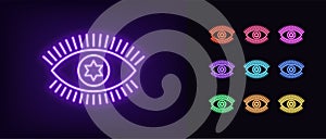 Neon magic eye icon. Glowing neon eye sign with starry iris, spiritual vision