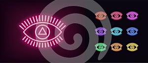 Neon magic eye icon. Glowing neon eye sign with triangular iris, spiritual vision