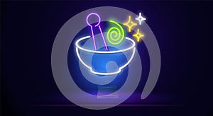neon magic potion. Witches bowler neon sign. Sign of witches bowler with colorful neon lights isolated on brick wall