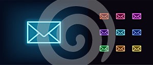 Neon mail envelope icon. Glowing neon email sign, incoming message silhouette