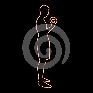 Neon man doing exercises with dumbbells sport action male workout silhouette side view icon red color vector illustration image