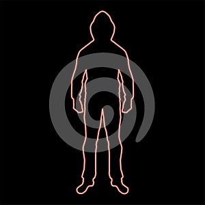 Neon man in the hood concept danger silhouette front side icon red color vector illustration image flat style