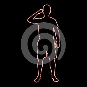 Neon man pointing at the temple with a finger silhouette front view need thinking concept icon red color vector illustration