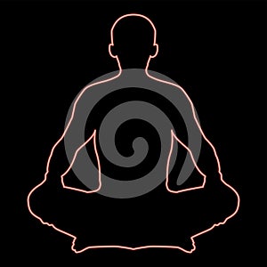 Neon man in pose lotus yoga pose meditation position silhouette asana icon red color vector illustration image flat style