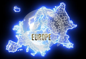 Neon map of Europe continent. Shinny abstract light of outline European with Europa Union flag