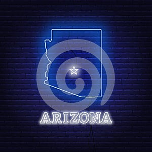 Neon map State of Arizona on on a brick wall background