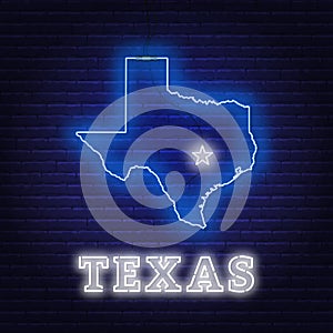 Neon map State of Texas on a brick wall background