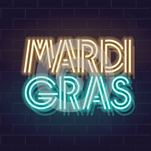 Neon mardi gras headline typography. Text for logo of title of carnival event. Isolated vector glowing letters on brick