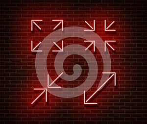 Neon maximize, minimize screen signs vector isolated on brick wall. Video player light symbol, decor