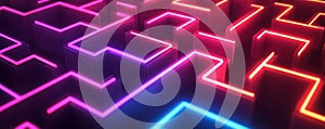 Neon maze with glowing pink and blue lights, abstract technology concept
