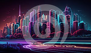 Neon mega city capital towers with futuristic technology background, future modern building virtual reality, night life style