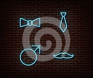 Neon mens signs vector isolated on brick wall. Male gender symbol, butterfly, tie, mustache light sy