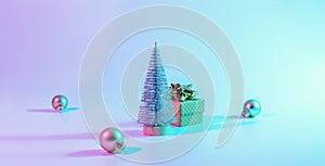 Neon merry Christmas winter background. Minimal abstract tree, xmas gift box. Holiday decoration bauble ball on neon