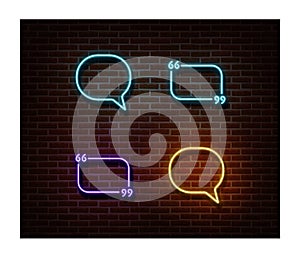 Neon message, chat, quote signs vector isolated on brick wall. Texting light symbol, decoration effe