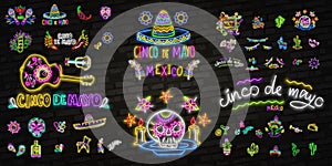 Neon Mexican icons. Icon from Cinco De Mayo. Mexico neon sign. Cactus, Flag Mexico, Tequila, Mexican hat, Skull, Taco, Maracas,