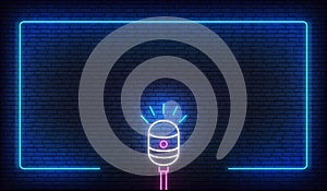 Neon microphone and border frame. Template for podcast, live music, stand up, comedy show