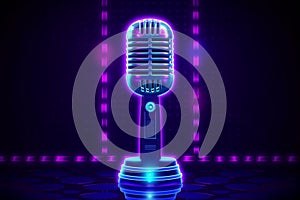 Neon microphone and glowing border frame. Template for karaoke, live music, stand up, comedy show