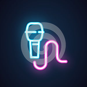 Neon microphone icon. Symbol of karaoke, concerts, live music, battle, stand up show, radio. Media label Vector isolated