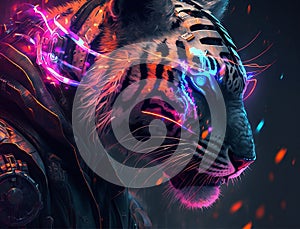 A neon modern tiger, bright color. Generative AI