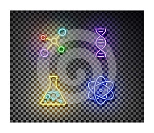 Neon molecule, chemistry flask, dna, atom signs vector isolated on on transparent background. Chemis