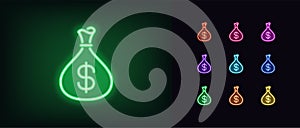 Neon money bag icon. Glowing neon income sign, pouch with dollar