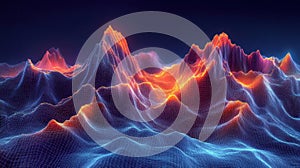 Neon mountain range with jagged peaks, synthetic clouds in hexagonal formations, and glowing trails in a sci-fi fantasy