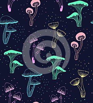 Neon mushrooms handrawn pattern vector photo